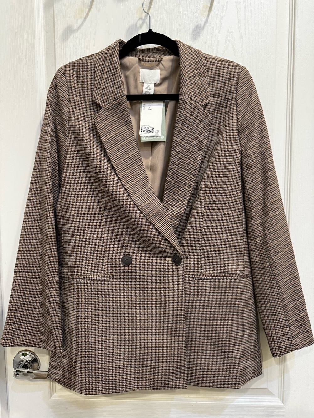 H&M Double Breasted Houndstooth Blazer Brown Taupe XS NWT